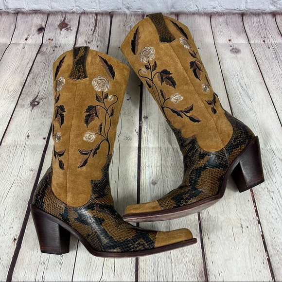 Antonio Melani Brown Suede and Snakeskin Floral Embroidery Heeled Cowboy Boots - Picture 6 of 16